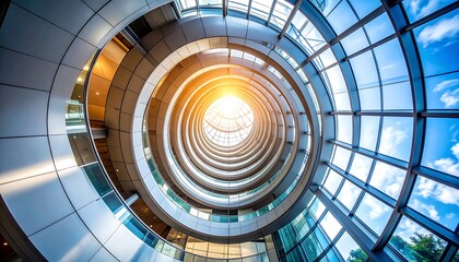 Naklejka premium Spiraling architecture, looking up at a central skylight
