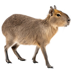 Capybara walking gracefully on a white background, showcasing its unique features and gentle nature in isolation