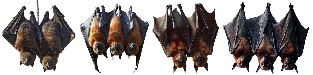 Group of hanging bats in different poses with wings folded and open on white background
