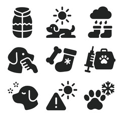 Seasonal Pet Care Icons. Solid style icons of seasonal pet care: winter coat, summer cooling mat, rainy day boots, spring grooming