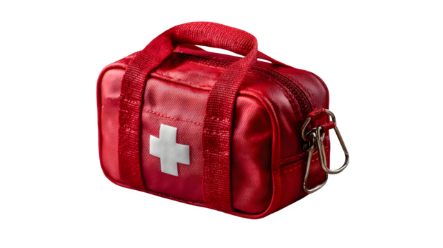 High quality, realistic photo of Portable first-aid kit red pouch, isolated on transparent background, product photography style