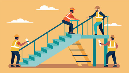 A team of construction workers carefully maneuvering a prefabricated staircase into place complete with handrails and balusters.. Vector illustration
