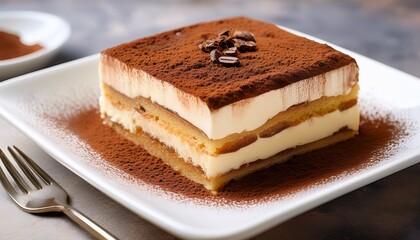 a delectable layered dessert possibly tiramisu sits on a white square plate the creamy layers are topped with a dusting of cocoa powder creating a visually appealing treat