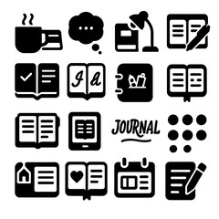 Journaling Icons Collection. Solid style icons of journaling: coffee and journal setup, reflection bubble icon, journal under lamp