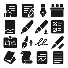 Writing Tools Icons. Solid style icons of writing tools: thumb index notepad, writing lesson sheet, calligraphy nib holder, marker