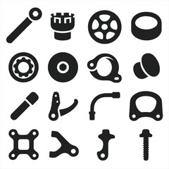 Bicycle Parts Icons. Solid style icons of bicycle parts: torque wrench, bottom bracket tool, disc rotor spacer, headset spacer,