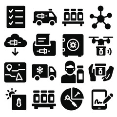 Vaccination Logistics Icons. Solid style icons of vaccination logistics: dose count sheet, emergency delivery icon, vaccine shelf