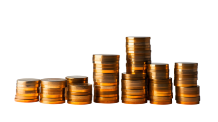 Multiple stacks of gold coins arranged in ascending height, isolated on white isolated on transparent background