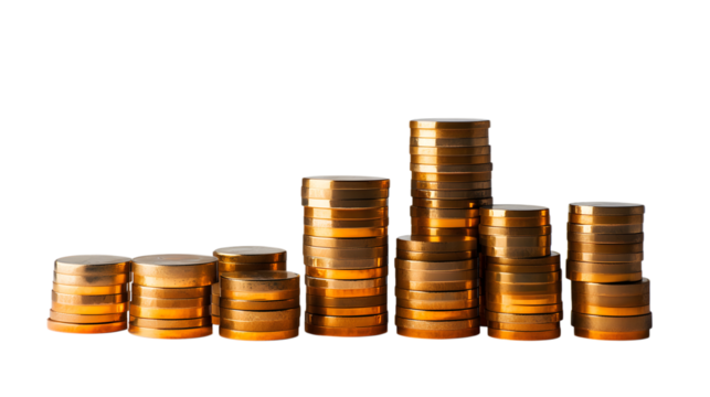 Multiple stacks of gold coins arranged in ascending height, isolated on white isolated on transparent background
