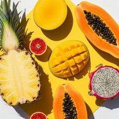 Top-down vibrant composition of sliced tropical fruits — pineapple, mango, papaya, dragonfruit — arranged on bright yellow background. Strong natural light copy