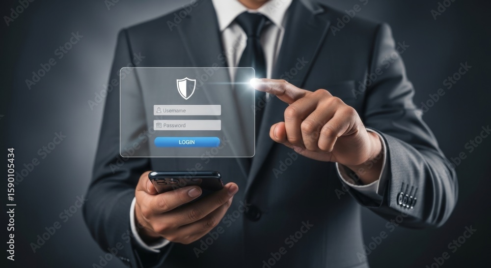 Aufkleber a businessman uses his smartphone to log into a secure digital account via a virtual interface