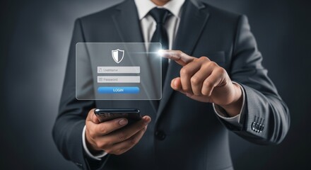 A businessman uses his smartphone to log into a secure digital account via a virtual interface