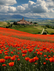 A vibrant poppy field stretches across a rolling hillside, leading to a medieval-style village nestled in the distance under a partly cloudy sky.