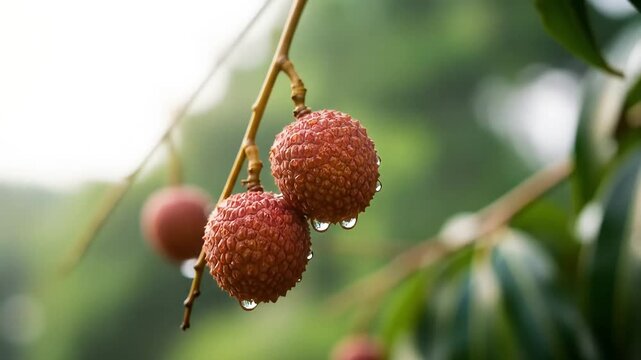 Fresh Lychee Fruit Hanging on Tree Branch with Water Droplets.