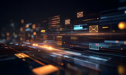 Abstract digital network with glowing lines and mail icons representing data communication flow