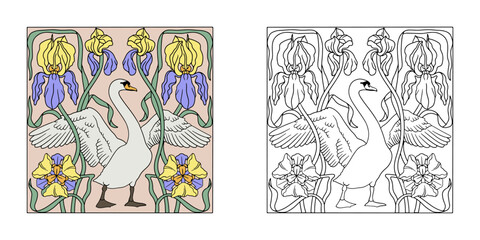 Art nouveau style modern hand drawn elegant swan and iris flowers symmetrical composition for coloring page. Vintage black and white botanical design with water bird © akini