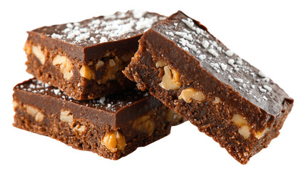 Stack of Chocolate Fudge Brownies with Nuts and Powdered Sugar on Transparent Backdrop