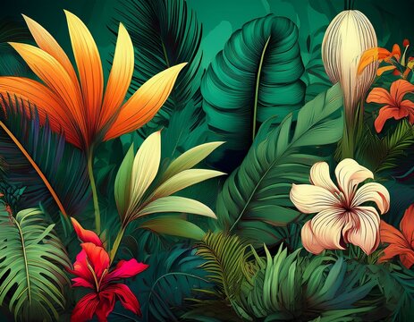 ai generated ai generative notanical herbal exotic tropical plants herbs flowers botanical foliage background nature jungle lanfscape graphic art