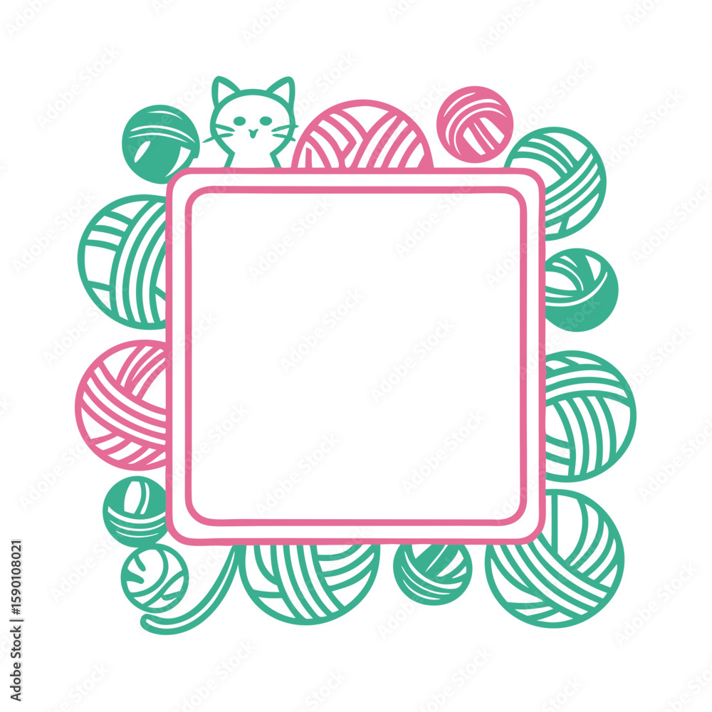 Fototapete cat frame with yarn balls and playful kitten design, square text frame design filled with cute balls
