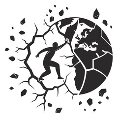 Person climbing cracked earth globe cracking breaking