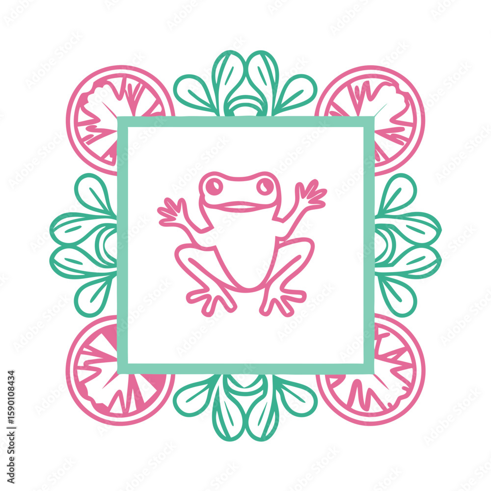 Poster frog frame with lily pads creates a playful and whimsical scene, pink frog with its arms up in a squ