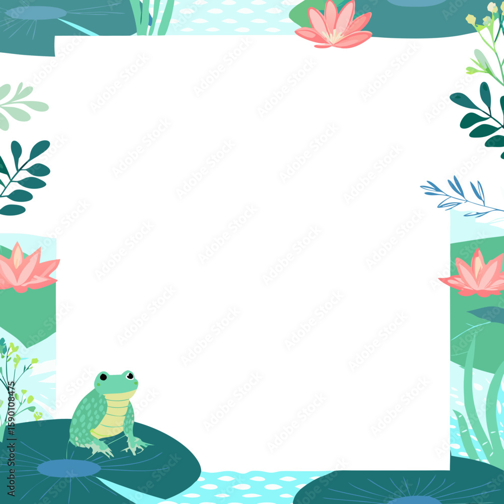 Poster frog frame with lily pads provides space for text or images in nature inspired setting. frame with l