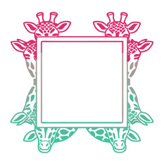 Giraffe neck pattern features giraffe heads peering from corners around square frame. Decorative giraffe neck pattern with simple animal heads creates vibrant border for announcements and invites.
