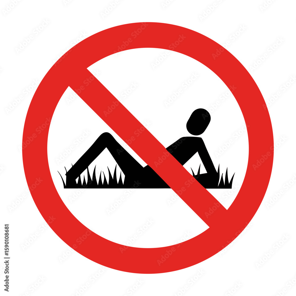 Poster icon prohibiting lying-on-grass with figure on grass. lying-on-grass is discouraged in protected are