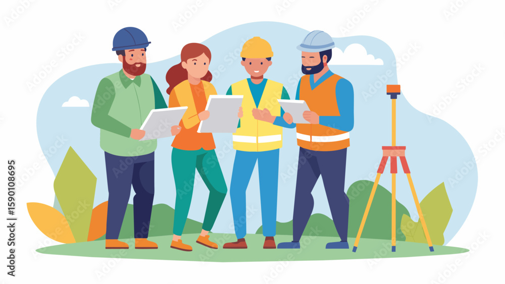 Poster a team of engineers and surveyors confer in a corner poring over topography maps and analyzing poten
