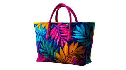 Large canvas shopping bag with colorful print isolated on transparent background