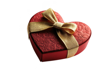 Elegant red heart shaped gift box tied with a luxurious gold ribbon isolated on transparent background