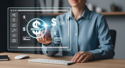 Woman virtually processing financial transaction with touch interface during online session on computer