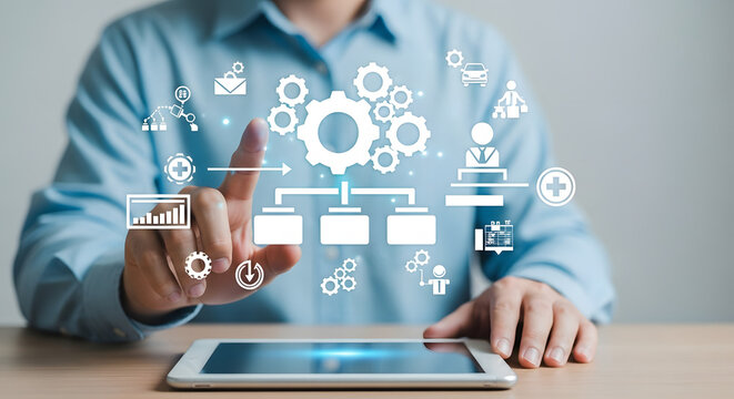 Businessman virtually automating complex business processes using tablet technology for efficiency and digital transformation