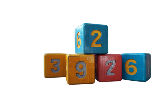 Stacked colorful wooden number blocks on white background for early childhood education, Transparent PNG. learning games, and preschool materials