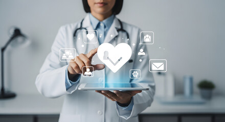 Female doctor accessing patient data using digital tablet with health icons in modern office setting