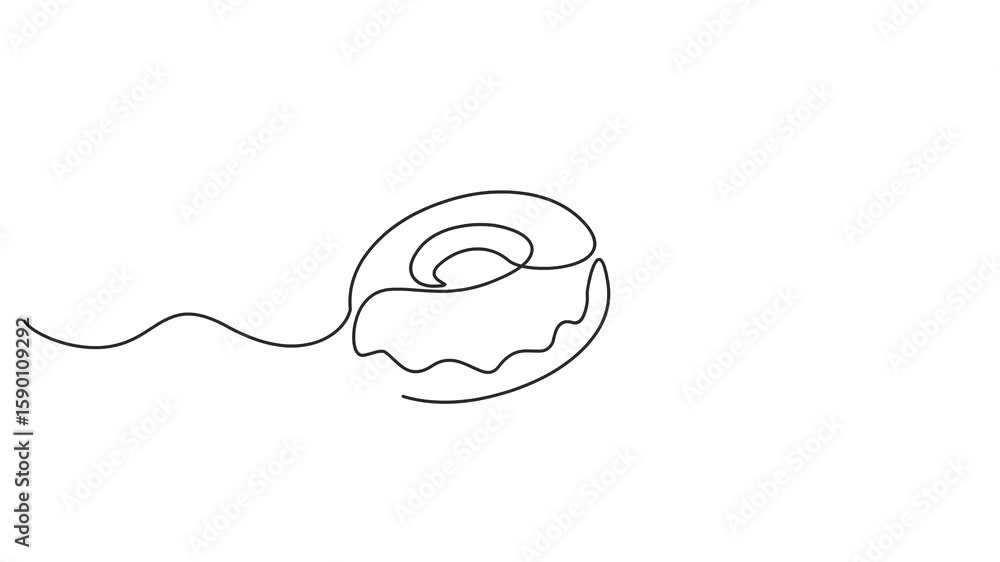 Poster animation of one line drawing of delicious donut with topping isolated on white background.. continu