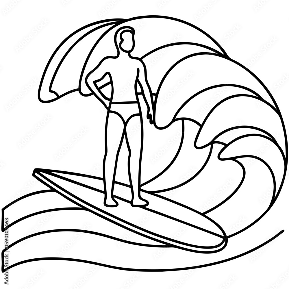 Poster surfer on a board with powerful ocean wave in minimalist illustration. surfer on a board with strong