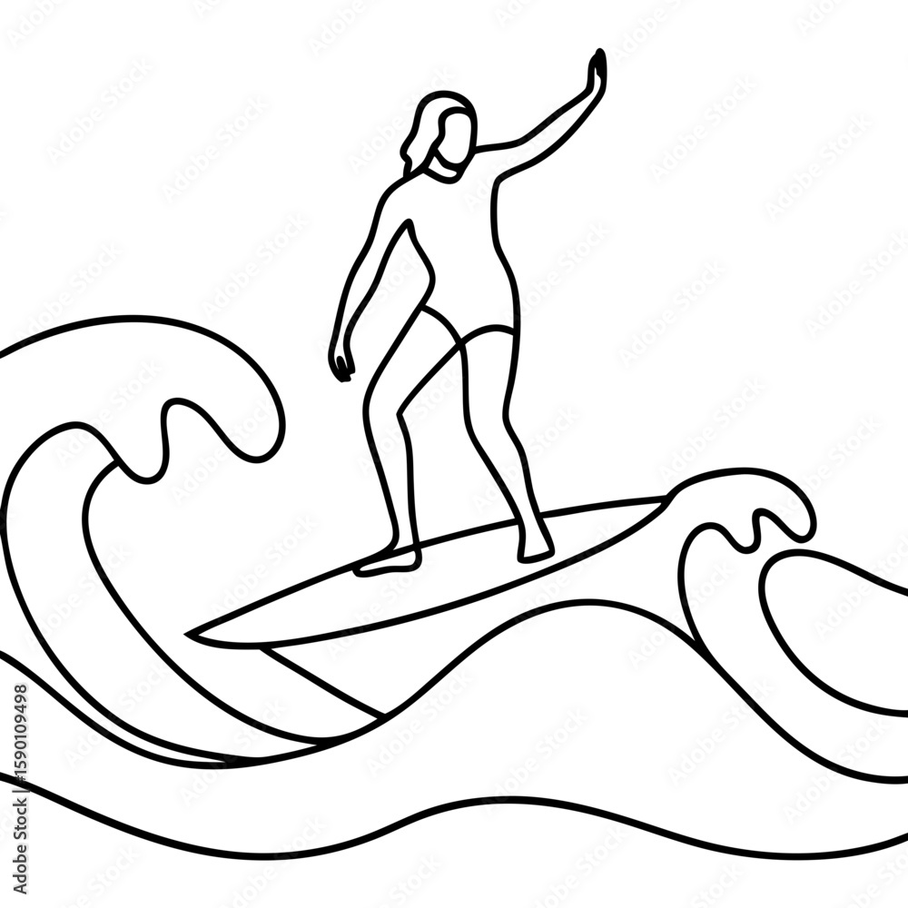 Poster surfer-on-a-board on ocean wave with raised arm. graphic depiction of surfer-on-a-board in minimalis
