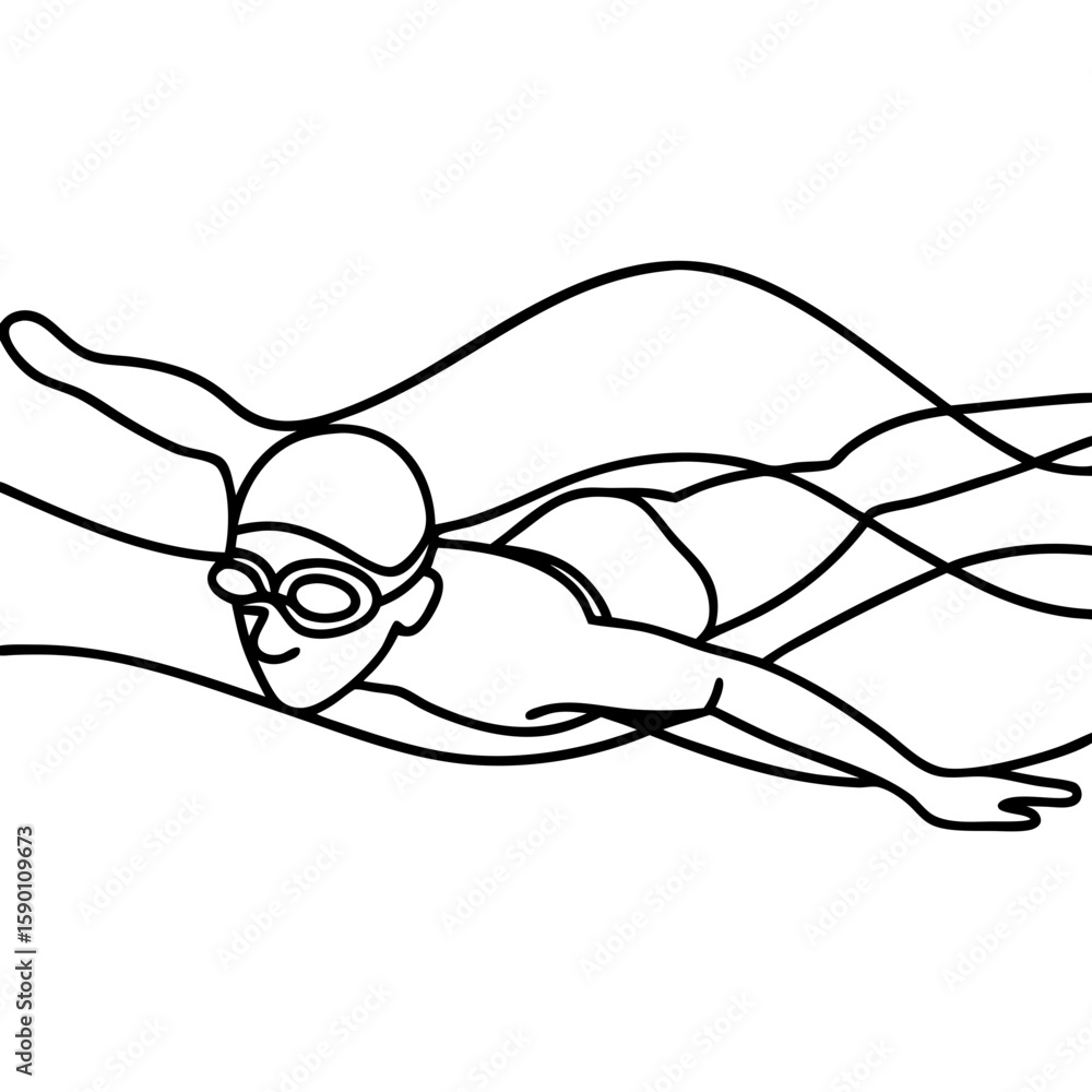 Poster swimmer in goggles underwater in minimalist illustration style. swimmer in goggles showing athletic 