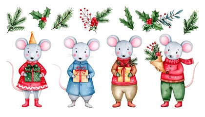 Fototapeta premium Cute Christmas mice in winter clothes