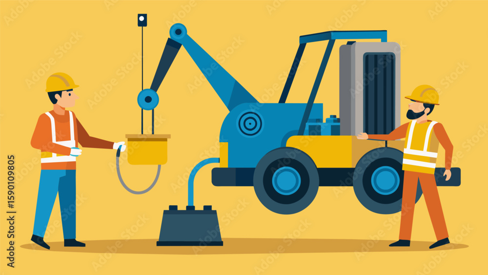 Poster a maintenance worker using a jack to lift up a front loader while another worker inspects the hydrau