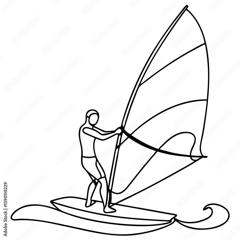 Poster a single line depiction of a windsurfer with sail on water, created in a minimalist style. windsurfe
