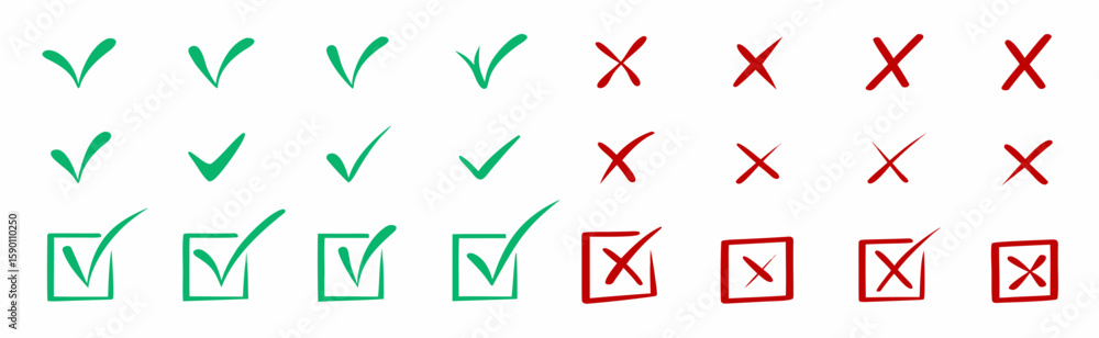 Aufkleber green check marks and red x marks arranged in rows to show correct and incorrect indicators marks cr
