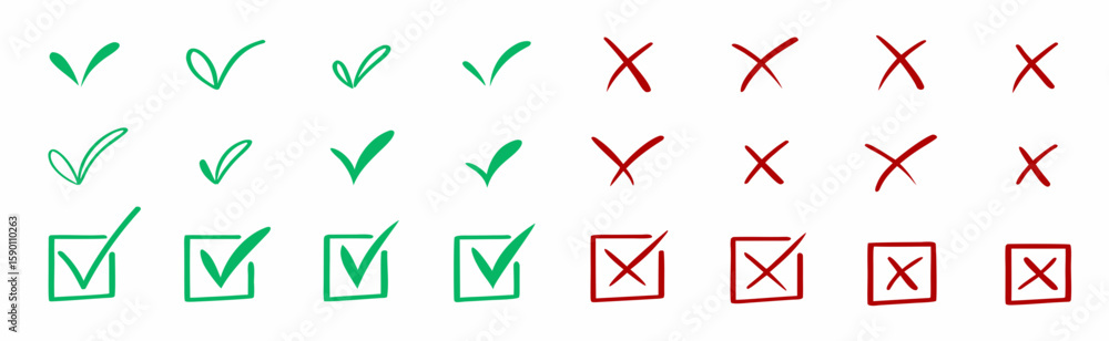 Aufkleber an arrangement of green check marks and red x marks in rows on a white background illustration creat