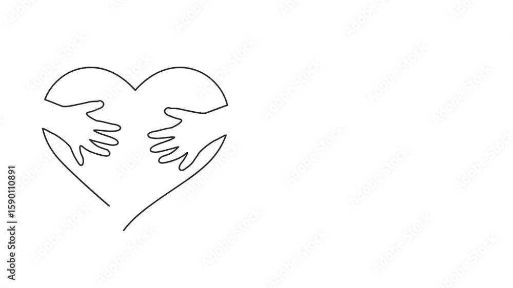 Poster animated self drawing of continuous line draw hand hugging heart, hug. full length one line animatio