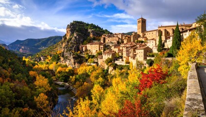 Autumnal village nestled in a valley