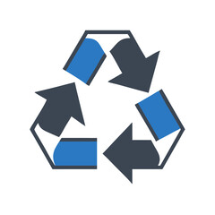 Recycle symbol design with arrows in blue and grey colors  