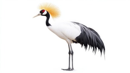 Obraz premium Elegant grey crowned crane with distinctive golden crown feathers, standing against a white background.