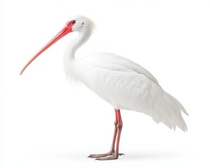 Obraz premium A white ibis bird stands gracefully, showcasing its long red beak, red legs, and pristine white feathers in a studio setting.