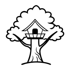 Treehouse illustration surrounded by a large tree design in outline  